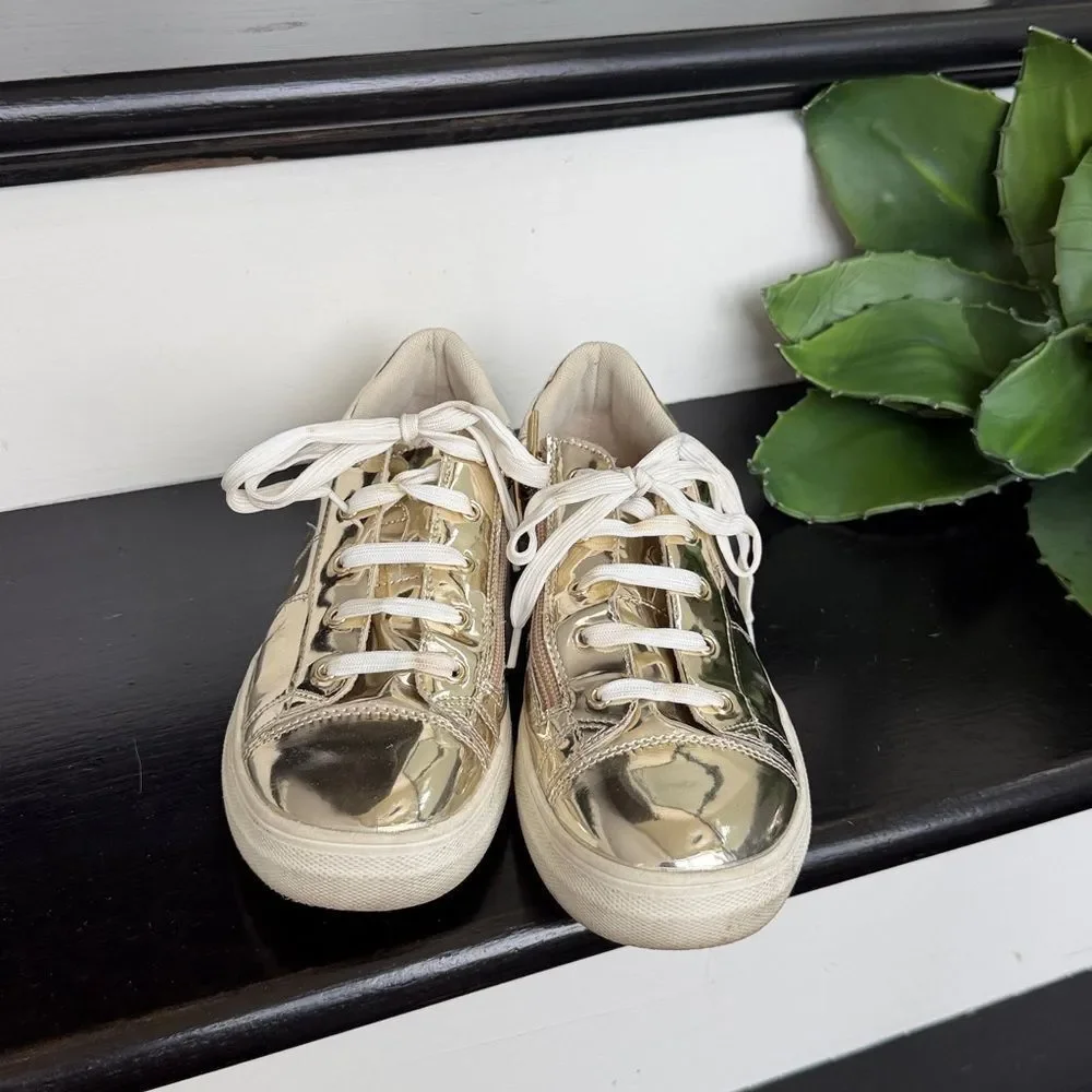 Kidpik Gold Metallic Sneakers Youth 6 Fits Women’s 7.5 Lace Up Side Zip